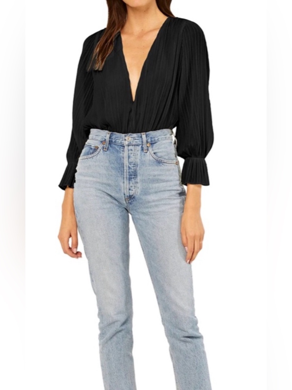 MISA Los Angeles Black Pleated Bodysuit Small Plunge V Neck Bell Sleeve USA